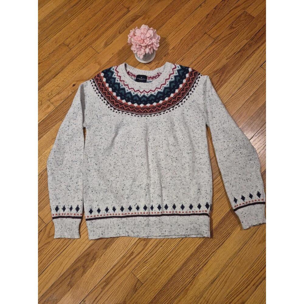 American Eagle Sweater LT  Fair Isle Soft Knit Stretch Holiday Wool Bld